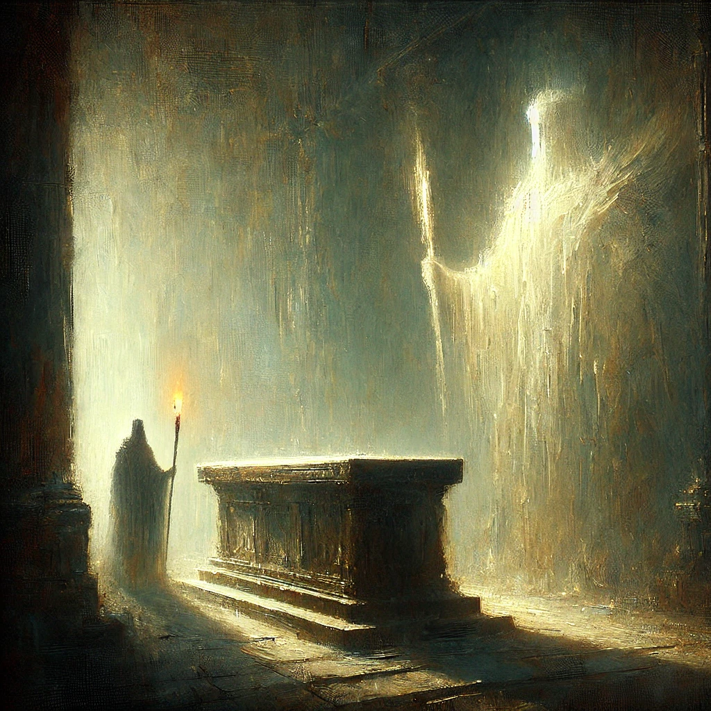 Zacharias sieht den Engel Gabriel neben dem Opferaltar, riesenhaft und außerweltlich