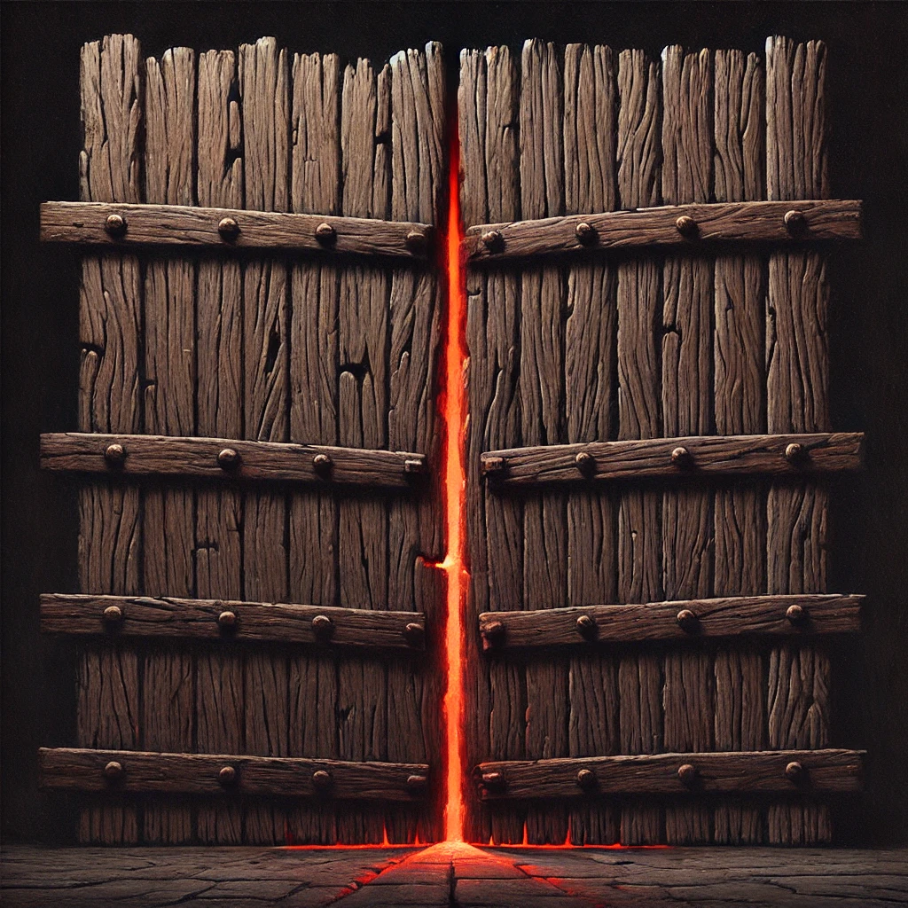 Schwere eisenzeitliche Tür, die das rote Glühen der Nacht draussen halten soll